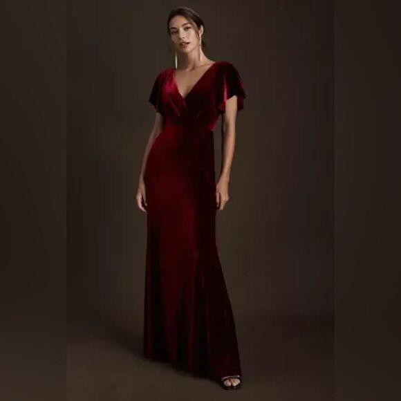 Jenny Yoo Ellis Flutter-Sleeve Open-Back Velvet Gown